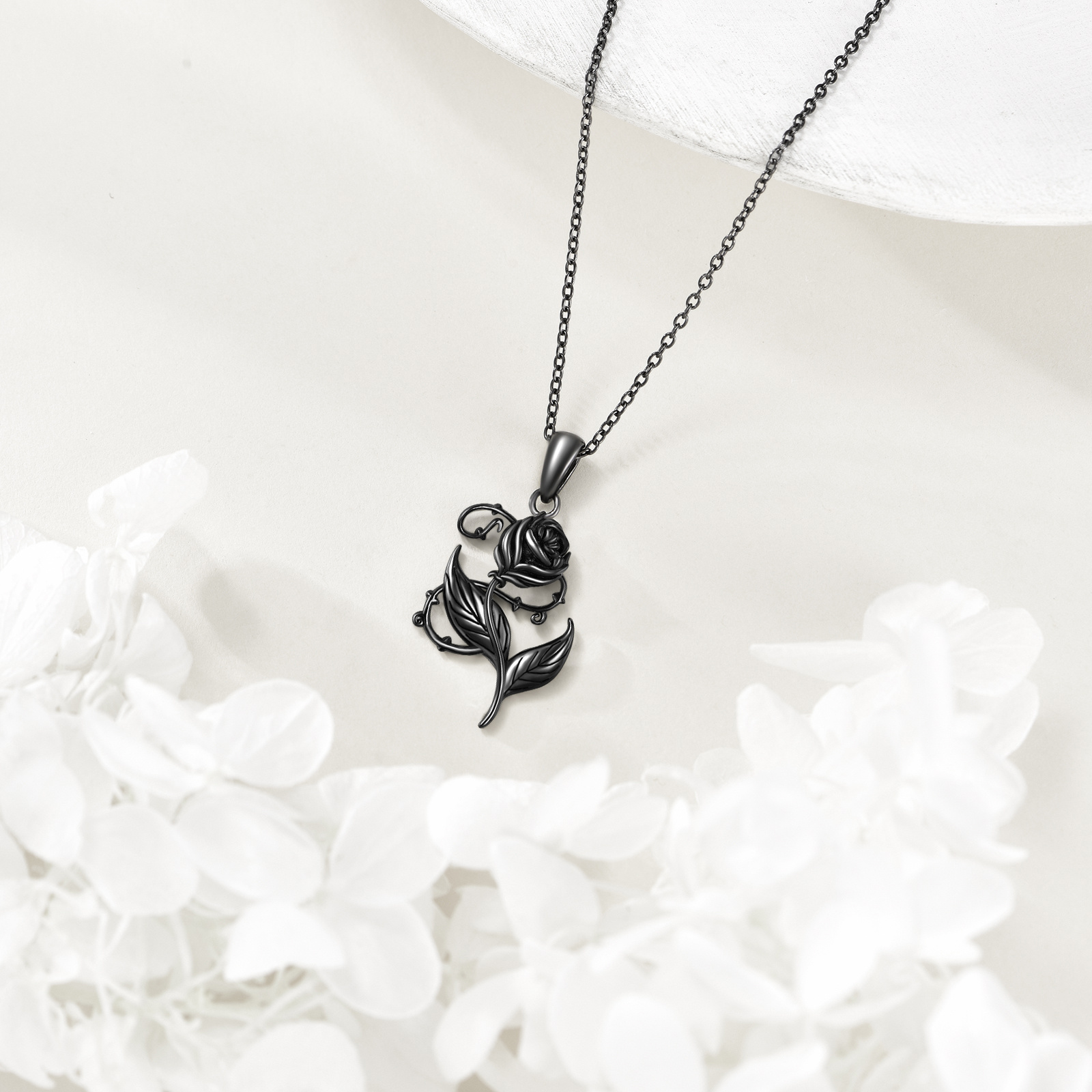 Women's Sterling Silver Black Rose Pendant Necklace